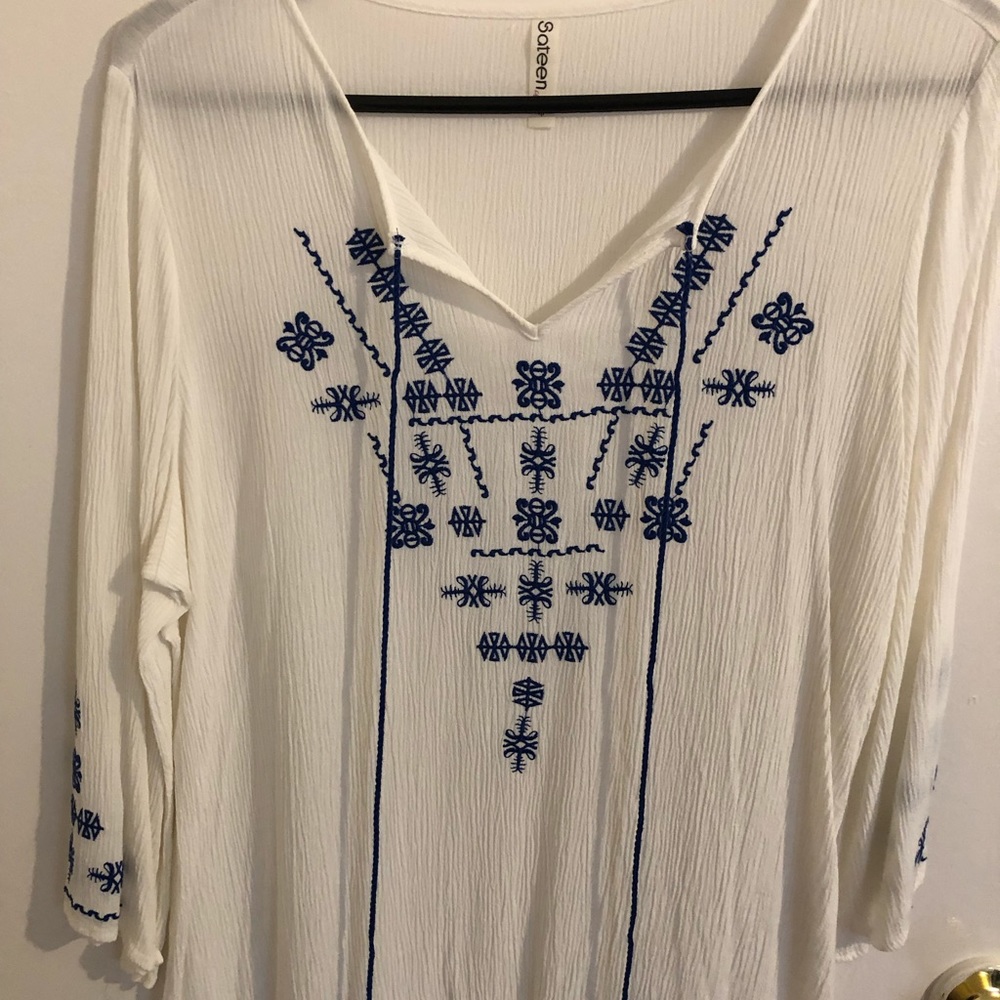 White Blouse with Blue design